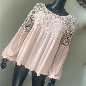 ELLA MARA Chic Elegant Lace Accent Blouse in Light Pink Top